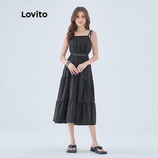 Đầm midi Lovito dáng chữ A không tay phối ren màu trơn phong cách boho dành cho nữ L49ED104 (màu đen)
