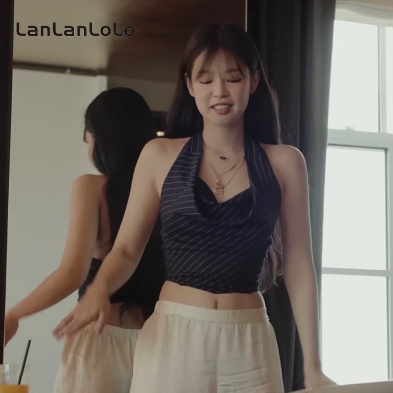 Áo Tank Top Hai Dây Hở Lưng Dáng Ôm Họa Tiết Kẻ Sọc Màu Xanh Dương Thời Trang 2023 Dành Cho Bạn Nữ