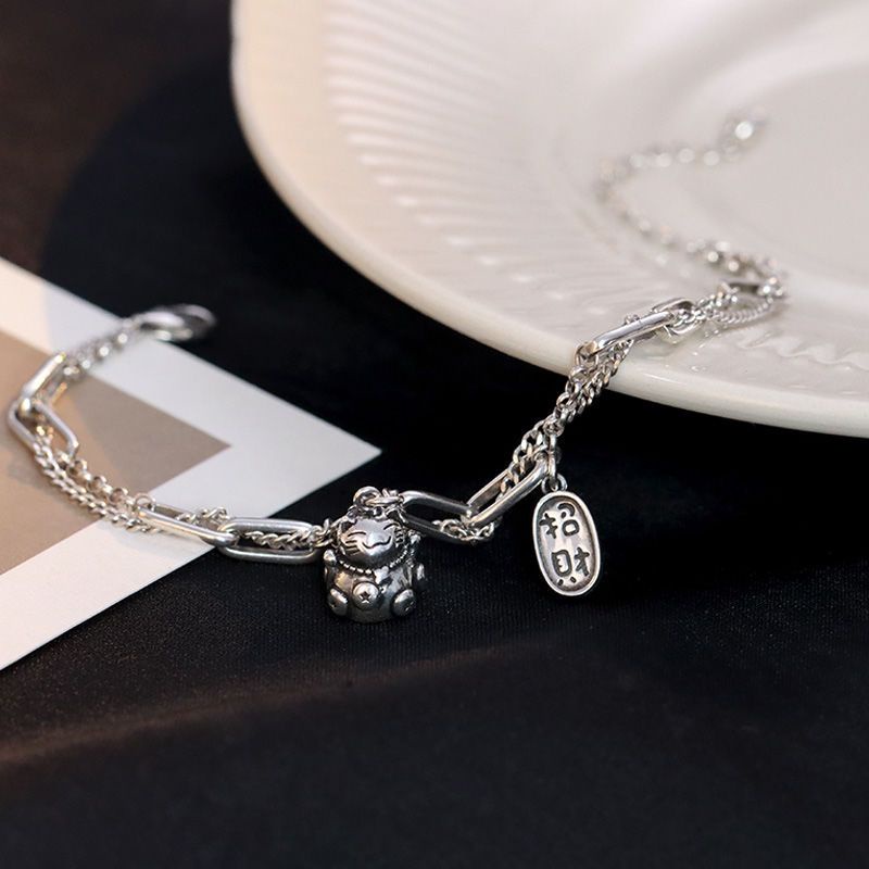 Vòng Tay Bạc s925 Hình Mèo May Mắn Phong Cách Nhật Bản Thời Trang Mùa Hè 2021