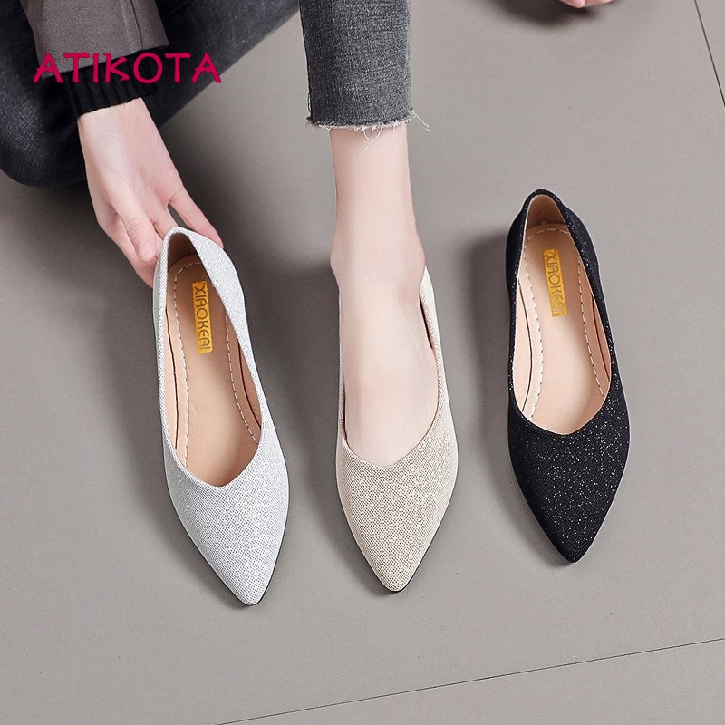 Atikota Giày Búp Bê Mũi Nhọn Đế Bằng Đính Đá Lấp Lánh Thời Trang Công Sở Cho Nữ