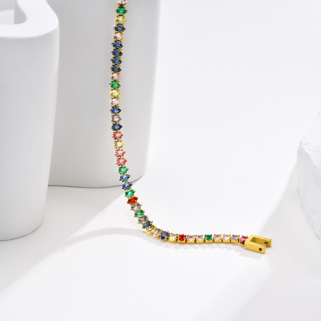 Vòng Tay Mạ Vàng 18K Đính Đá Zircon Nhiều Màu Bằng Thép Không Gỉ Thời Trang Cho Nữ