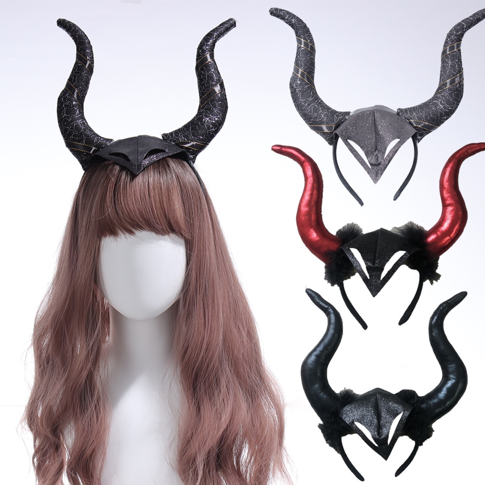 ♕ Nữ Hoàng Đen Quỷ Dài Sừng Bò Mũ Băng Đô Cosplay Phù Thủy Ác Mũ Trụ Halloween Lễ Hội Trang Phục Hóa Trang Tóc Hoop Prop Phụ Nữ Trẻ Em Băng Đô