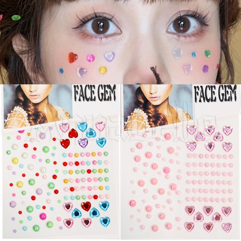 Hình xăm đá quý acrylic hình xăm bóng mắt kim cương / tự dính khuôn mặt trang điểm cơ thể đề can nghệ thuật móng tay / 3d đầy màu sắc tình yêu trái tim ngọc trai trang sức sticker / trang trí khuôn mặt tự làm