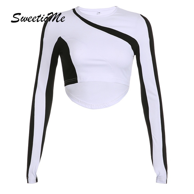 Sweeticme women's 2023 thời trang mới màu đen trắng tương phản màu sắc crop dài tay áo cổ tròn tất cả phù hợp t-shirt