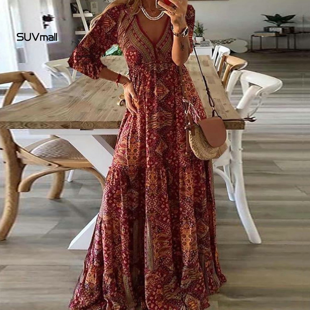 Ladies boho print dress patchwork dress bohemian vintage maxi dress patchwork in eo cao chiều dài sàn mềm hoàn hảo cho bữa tiệc mùa hè thời trang nữ