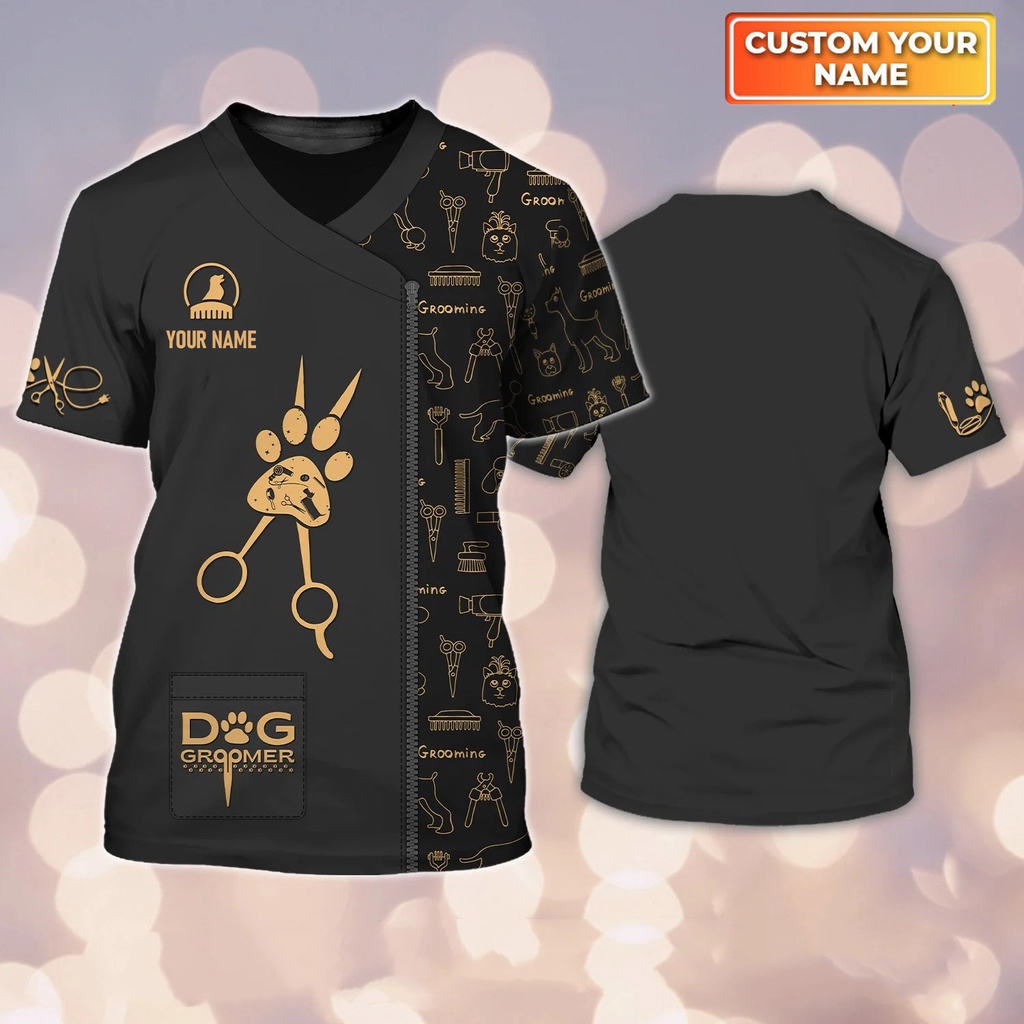 Dog grooming tên cá nhân đồng phục t-shirt pet groomer workwear tees mùa hè thường unisex quần áo quá khổ tay ngắn