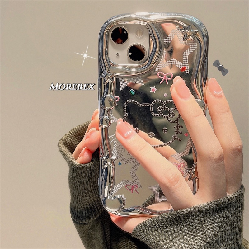 Ốp lưng iPhone Hello kitty for iphone14pro electroplated silver soft case rhinestone cat bracket drop-resistant apple 13 phone case