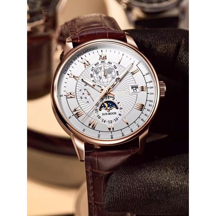 Popkozzi men'sluminous calendar đồng hồ thông thường da thạch anh đồng hồ đeo tay thời trang không thấm nước