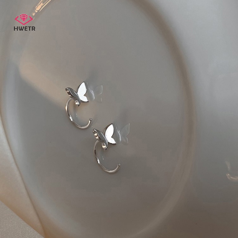 Bông tai nữ HWETR dạng vòng mở màu bạc pha lê dễ thương thời trang mới