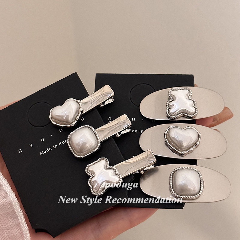 Moouga / sweet milk series màu xám ngọc trai tình yêu tóc mái kẹp phong cách mát mẻ kim loại bạc hình bầu dục kẹp mỏ vịt trán kẹp tóc gãy