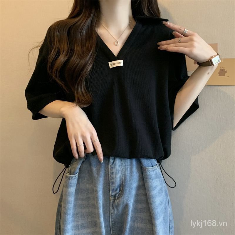 V-neck loose short sleeve women t-shirt over size ahxf