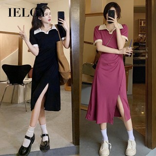 IELGY Niche Đầm Cổ Polo Màu Nữ Mùa Hè Slim-fit Dài