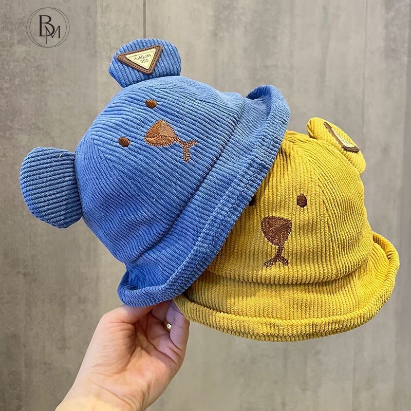 Mũ vải nhung mùa thu siêu dễ thương mũ hoạt hình gấu trẻ em mũ lưu vực bé trai và bé gái mũ ngư dân