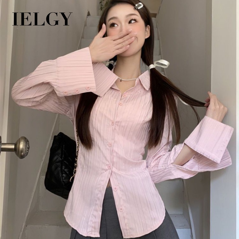 Ielgy xếp ly satin màu hồng dài tay áo sơ mi nữ phong cách mới sang trọng thanh lịch thắt lưng giảm béo hàng đầu