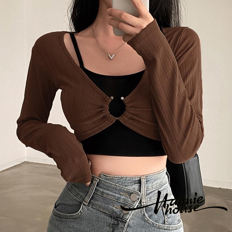 Hannie-áo Hai Dây Màu Trơn + Áo Thun Tay Dài Cổ Chữ U Khoét Sâu Gợi Cảm Cho Nữ