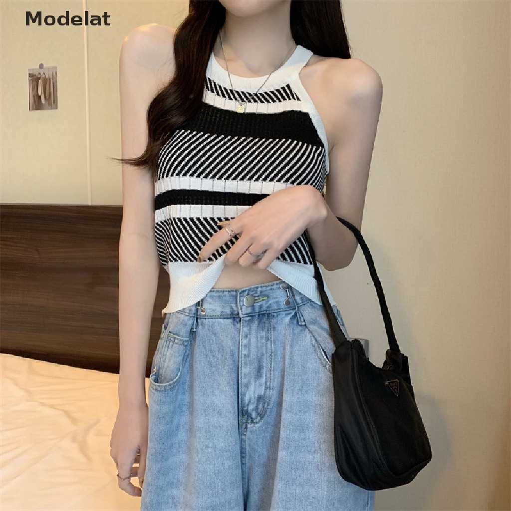 Áo croptop GJCUTE không tay cổ tròn họa tiết kẻ sọc thời trang cho nữ