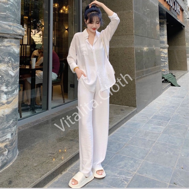 SET áo sơ mi quần ống rộng vải đũi trắng MIX đồ đi chơi cực sang - Chất vải đũi mặc vừa nhẹ vừa mát - VASING DD