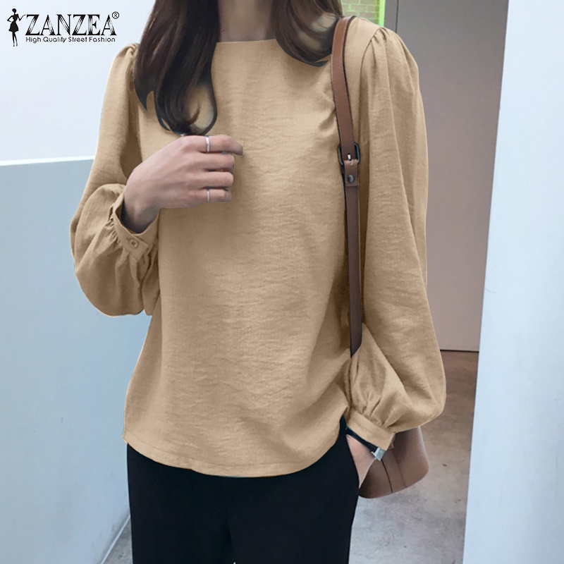 Áo kiểu ZANZEA tay phồng dài cổ tròn thời trang Hàn Quốc cho nữ