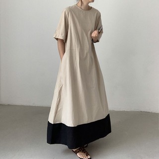 Đầm Midi Tay Ngắn Cổ Tròn Dáng Rộng Phối Màu Sắc Tương Phản Phong Cách Hàn Quốc Thời Trang Mùa Hè
