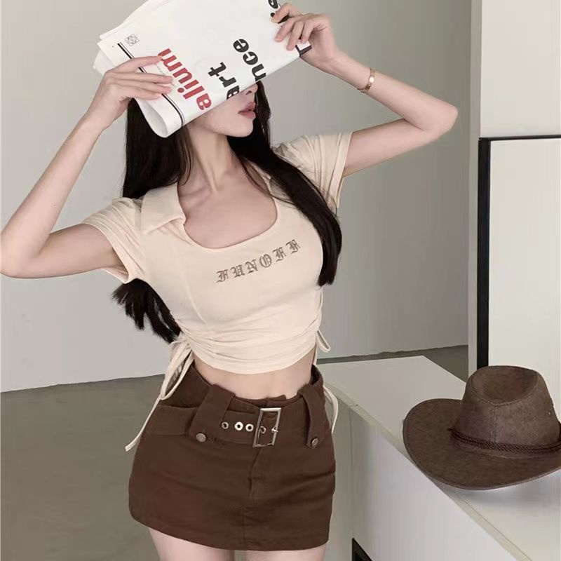 Áo Thun Ngắn Tay Cổ Vuông Thêu Chữ Thiết Kế Dây Rút Thời Trang Mùa Hè Mới Cho