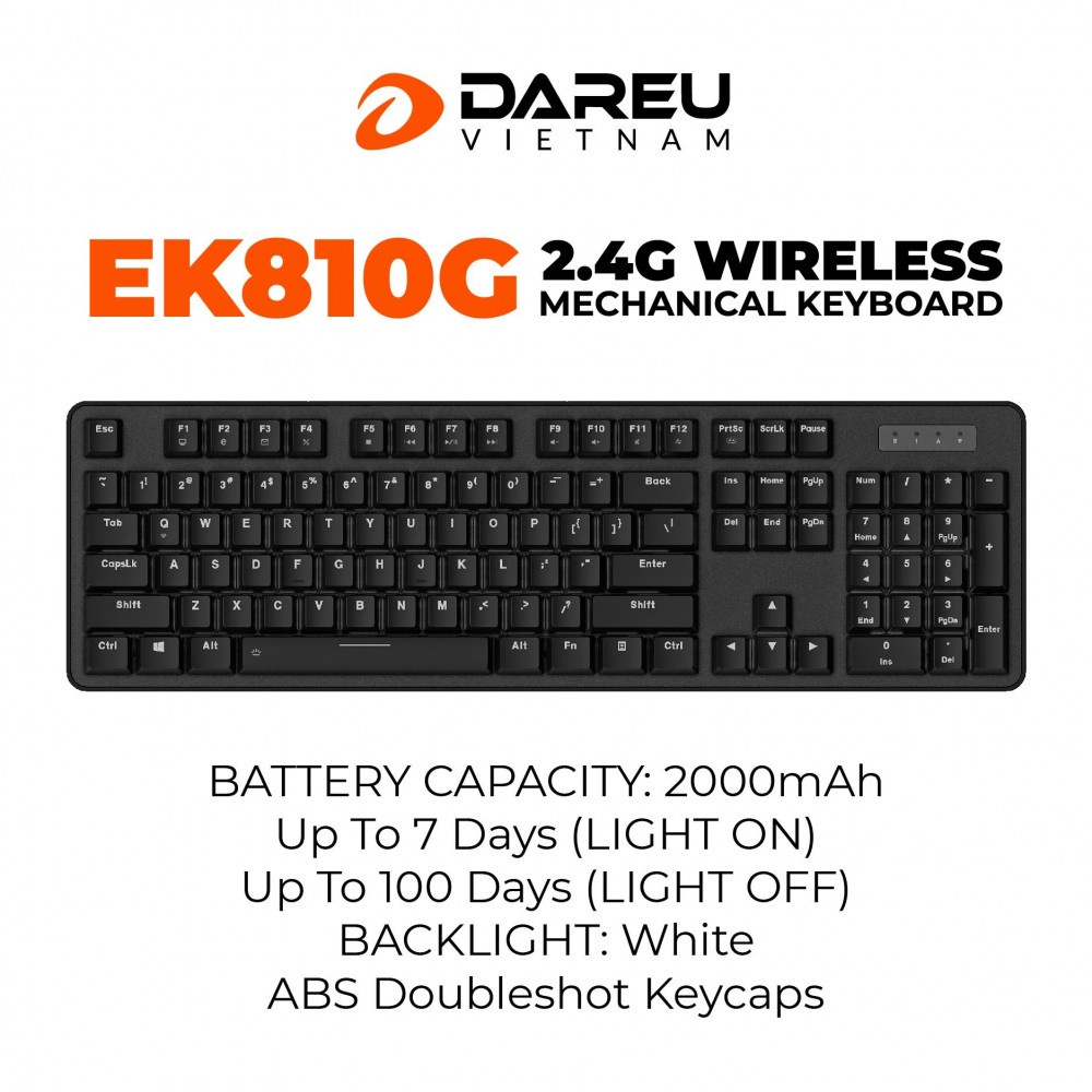 Bàn phím cơ dual mode không dây giá rẻ DAREU EK810G BLACK 104 phím chất lượng có dây type C digibox - BH 24 tháng