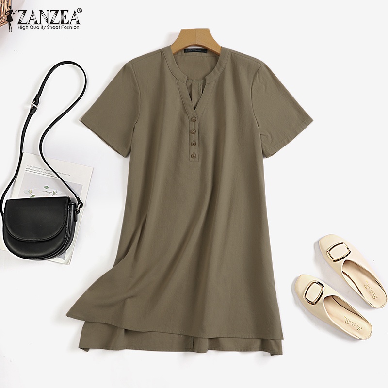 Zanzea Áo Sơ Mi Nữ Tay Ngắn Cổ Đứng Thời Trang Đường Phố