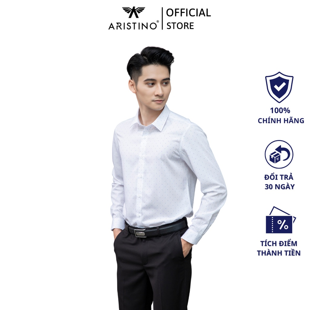 Áo sơ mi dài tay Aristino phom Slim fit ôm màu trắng in họa tiết xanh, thiết kế áo tà lượn, không có túi ngực - ALS18601