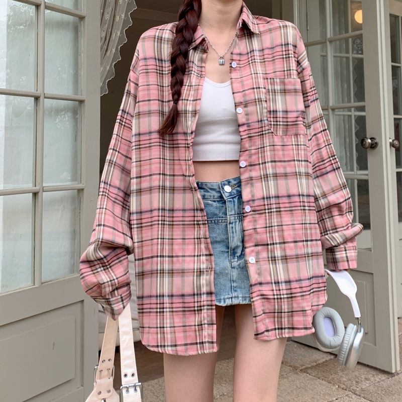 Áo Sơ Mi Caro Nữ Dài Tay Dáng Rộng Kiểu Retro Hàn Quốc