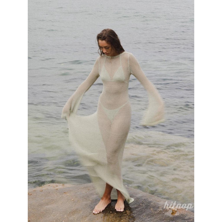 Áo Dệt Kim Tay Dài Cổ Tròn Màu Trơn Thời Trang Đi Biển Mùa Hè Cho Nữ