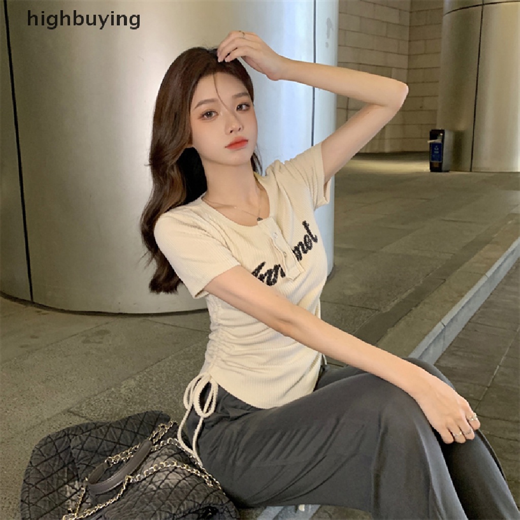 Áo Thun Ngắn Tay Cổ Tròn Dây Rút Thời Trang Nữ