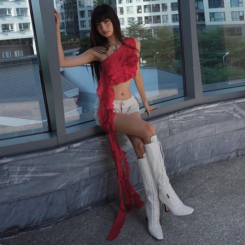 Áo Hai Dây Mỏng Ghép Vải In Hoa 3D Phối Bèo Thời Trang Mùa Hè Cho Nữ Y2K