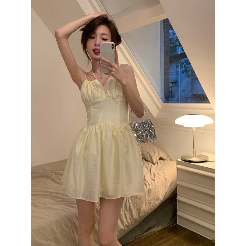 Đầm Hai Dây Ngắn Dáng Chữ A Cổ Chữ V Màu Trơn Thời Trang Mùa Hè Phong Cách Hàn Quốc