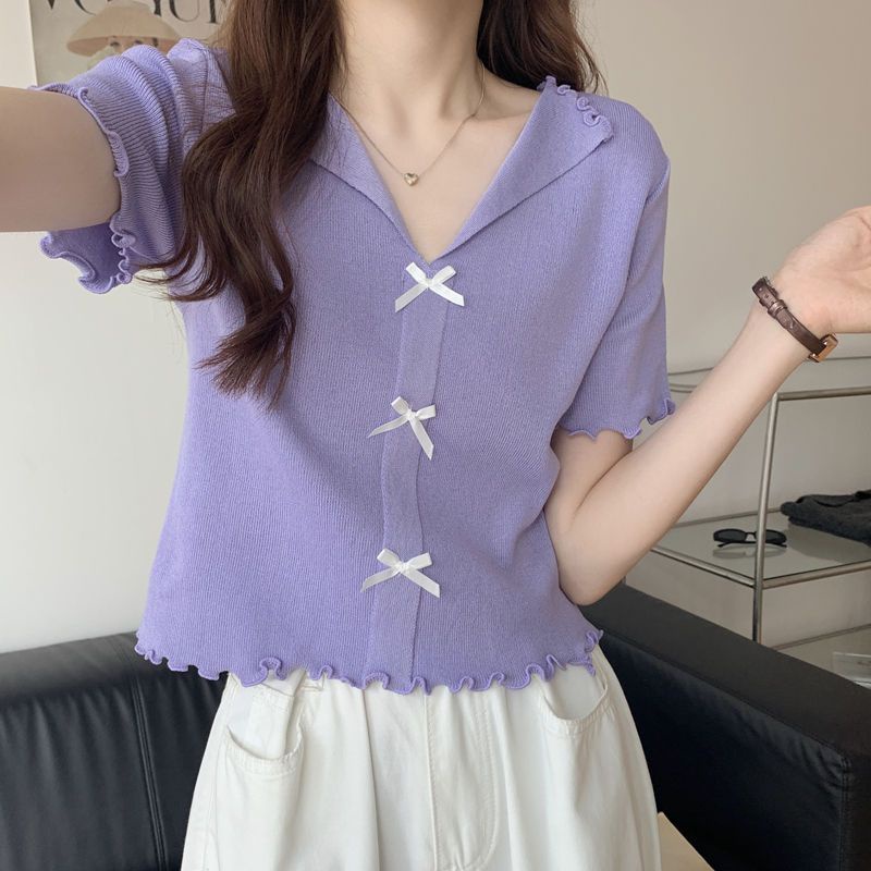 Jiashucheng Áo Thun Tay Ngắn Cổ Chữ v Vải Lụa Lạnh Mỏng Thời Trang Mùa Hè 2023 Phong Cách Mới Cho Nữ