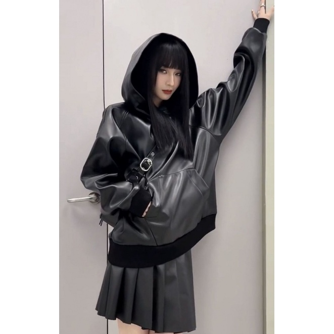 Áo Hoodie Da Pu Dáng Rộng Phong Cách Mỹ Thời Trang Xuân Thu 2023