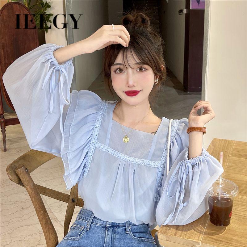 IELGY Áo Sơ Mi Dài Tay Cổ Vuông Phối Bèo Ngọt Ngào Thời Trang Cho Nữ