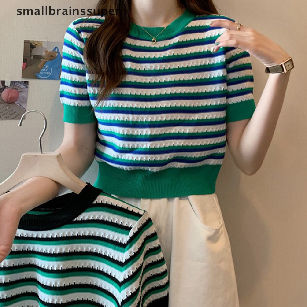 Áo Croptop Dệt Kim Tay Ngắn Cổ Tròn Họa Tiết Kẻ Sọc Thời Trang Mùa Hè Xinh Xắn Cho Nữ