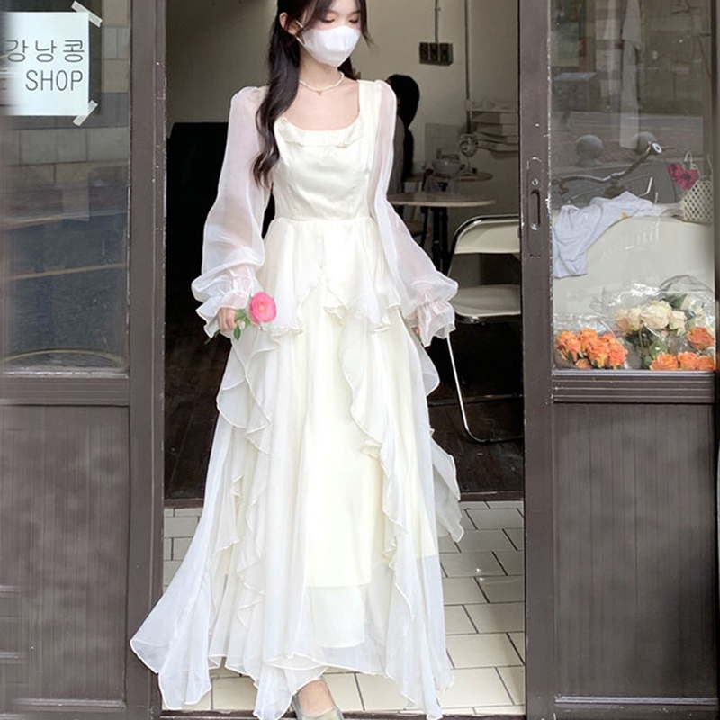 IELGY Đầm chiffon Dài Tay Phối Bèo Phong Cách Pháp Nữ Tính