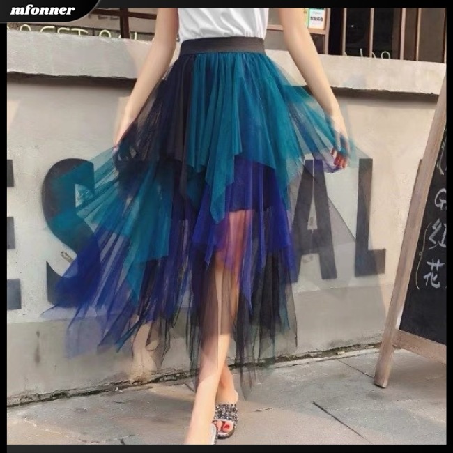 Chân Váy Chữ A Phối Lưới Lệch Tà Màu Tương Phản Thời Trang Mùa Hè Cho Nữ