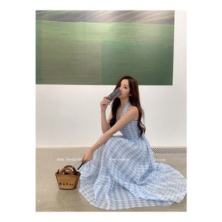 Thiếu nữ tình cảm giảm tuổi váy treo cổ thắt lưng màu xanh lá cây sọc tuyết nàng tiên váy