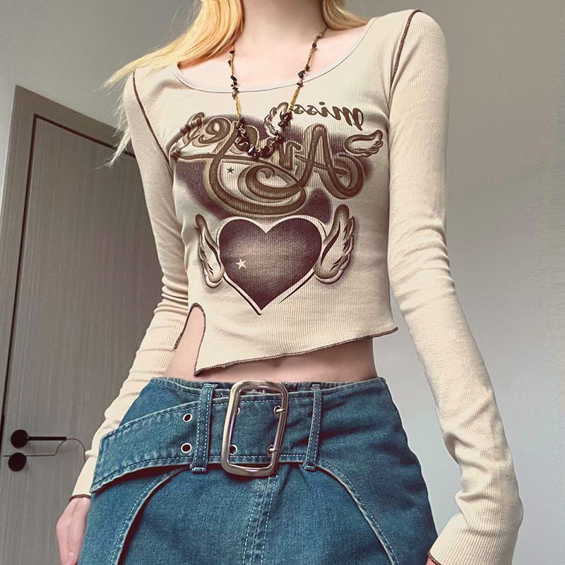 Áo Thun Ngắn Mỏng Tay Dài Cổ Tròn In Họa Tiết Kiểu Retro Phong Cách Mỹ Thời Trang Xuân Thu Mới Dành Cho Bạn Gái 4DK