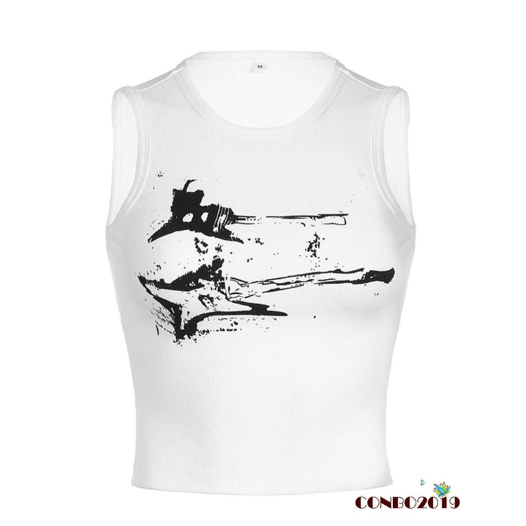 Áo Crop Top Dệt Kim Không Tay In Họa Tiết Guitar Phong Cách Đường Phố Cho Nữ