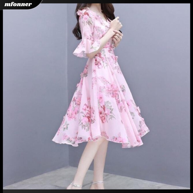 Đầm Tay Loe Cổ Chữ V Lưng Cao In Họa Tiết Phong Cách Hàn Quốc Thời Trang Cho Nữ