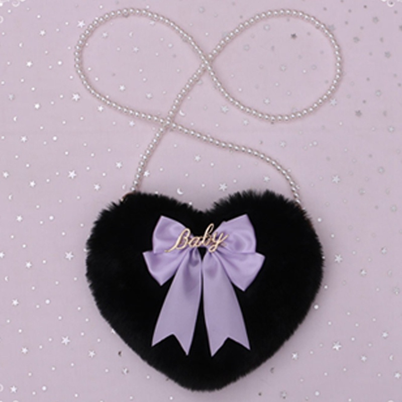 Sang Trọng Túi Đeo Vai Nhung Lông Đính Nơ Ngọc Trai Hình Trái Tim Dễ Thương Phong Cách Lolita Nhật