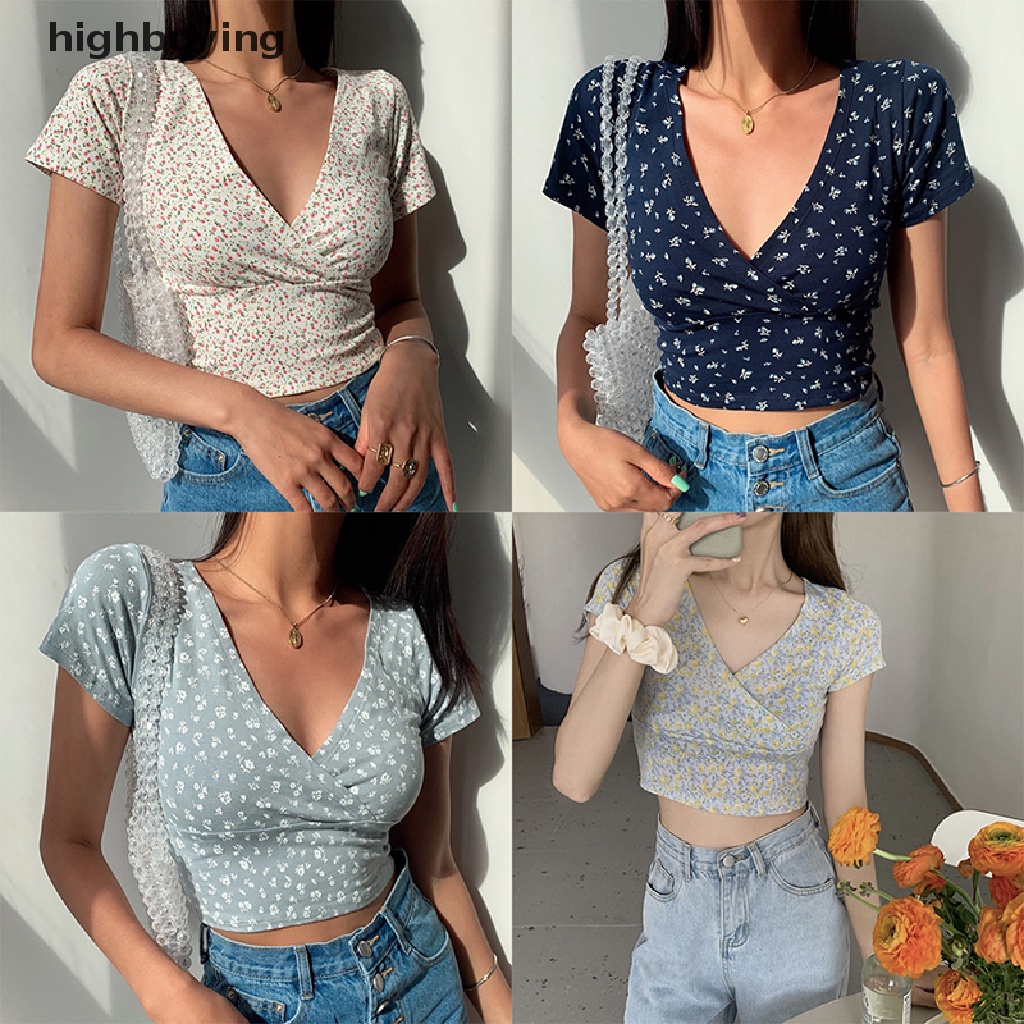 Áo Thun Lửng Ngắn Tay Cổ Chữ V In Hoa Gợi Cảm Cho Nữ