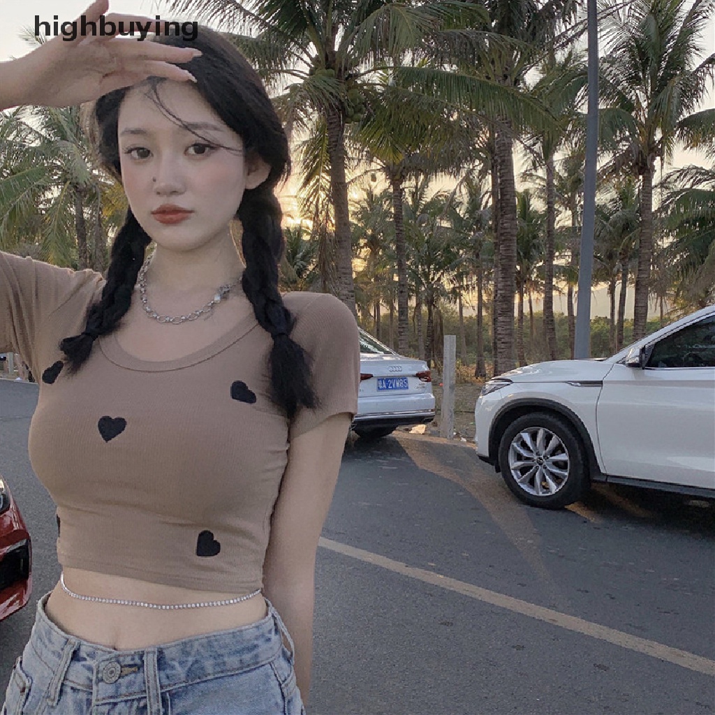 Áo Croptop Dệt Kim Ngắn Tay Cổ Tròn Thêu Họa Tiết Trái Tim Đáng Yêu Cho Nữ