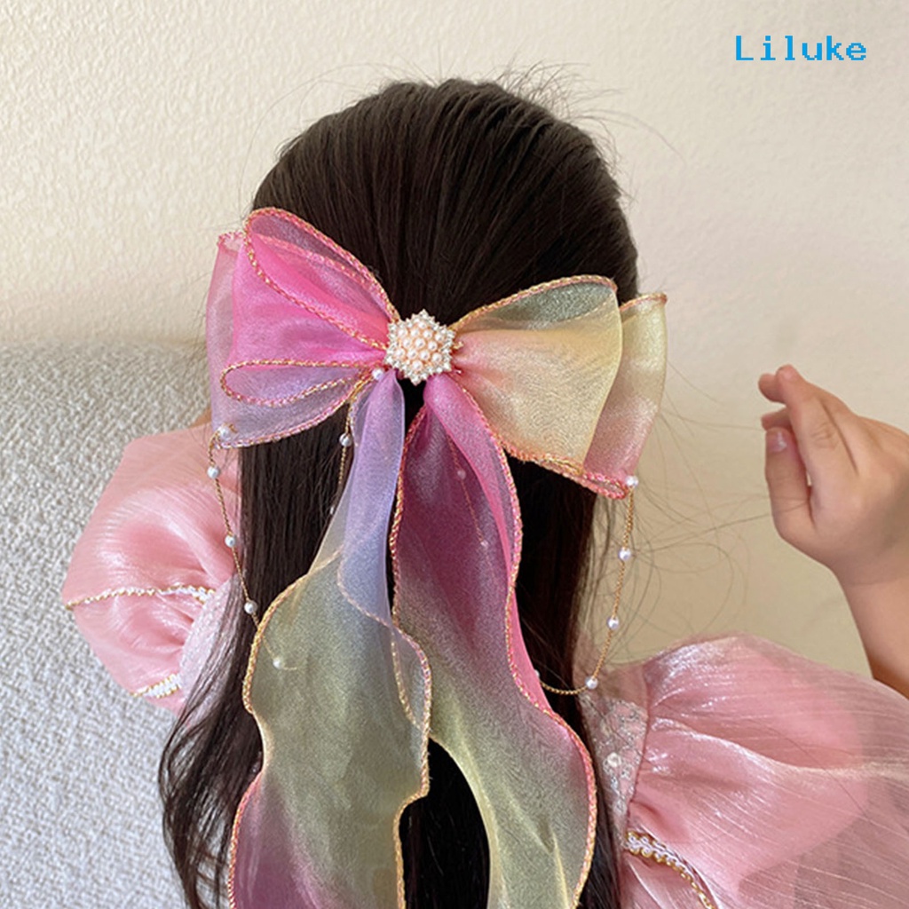 Kẹp Tóc Hợp Kim Trang Trí Nơ Và Ngọc Trai Giả Xinh Xắn Cho Nữ