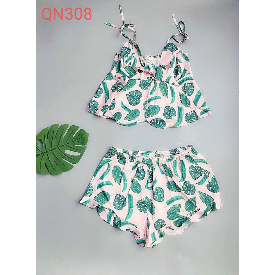 Bộ ngủ, bộ mặc nhà nơ ngang ngực lụa cao cấp - QN308
