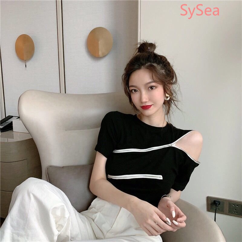 Áo Kiểu Trễ Vai Phối Khóa Kéo Phong Cách Hàn Quốc Quyến Rũ Cho Nữ