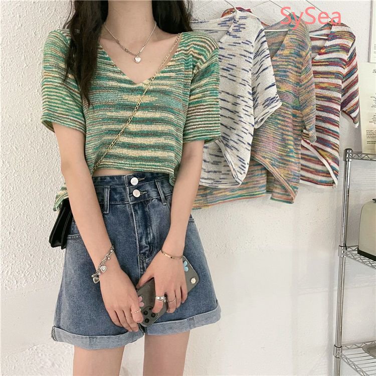 Áo Croptop Dệt Kim Kẻ Sọc Thời Trang Mùa Hè Cho Nữ