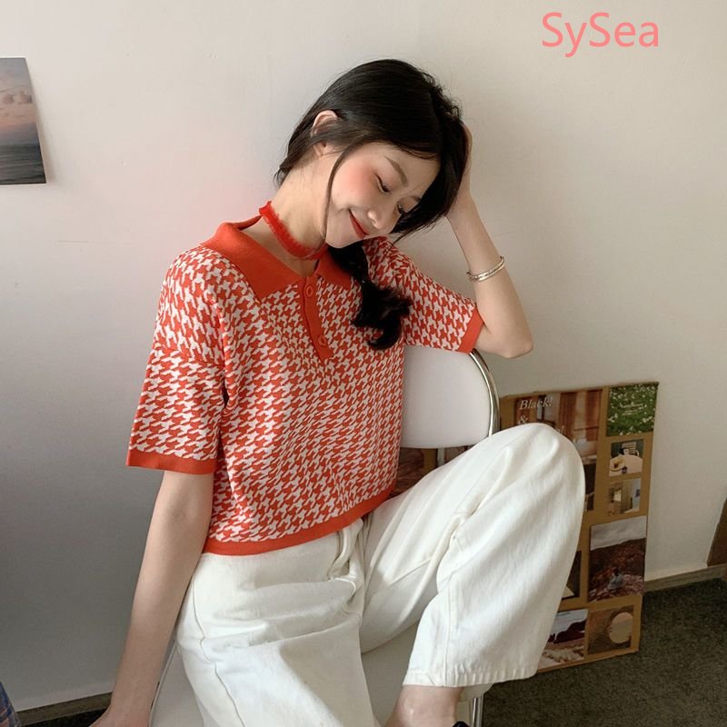 Áo Sơ Mi Dệt Kim Cổ Bẻ Sọc Ca Rô Thời Trang Hàn Quốc Cho Nữ